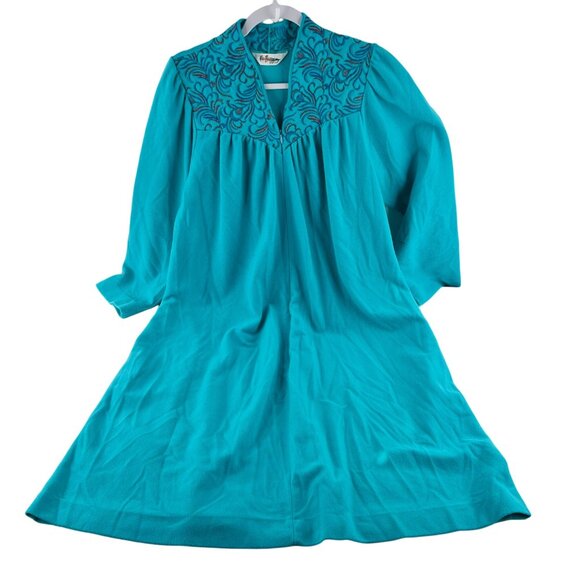Vintage Shadowline Women's size Medium House Coat 3/4 Zip Aqua Blue Embroidered - Picture 1 of 7
